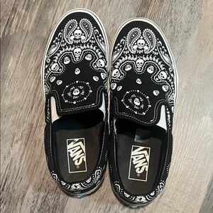 Vans Black and White Skull Paisley Slip-Ons